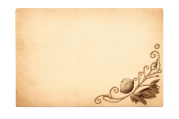 Vintage aged paper rectangle with ornate scrolling border design in corner, ready for text or visuals, transparent background