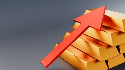 Obraz premium A 3d rendering of gold bars and arrows. A classic metaphor for wealth accumulation, financial success, and the rising market price of precious metals.