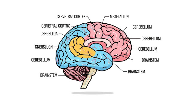 Simplified diagram illustrating major colorful labeled sections of the human brain including the cortex cerebellum and brainstem structures for study