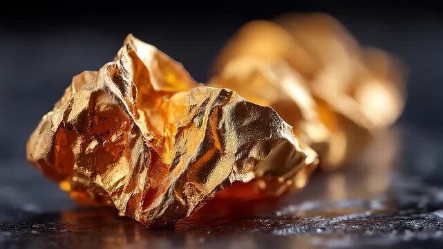 Close up of raw gold nuggets on black textured background