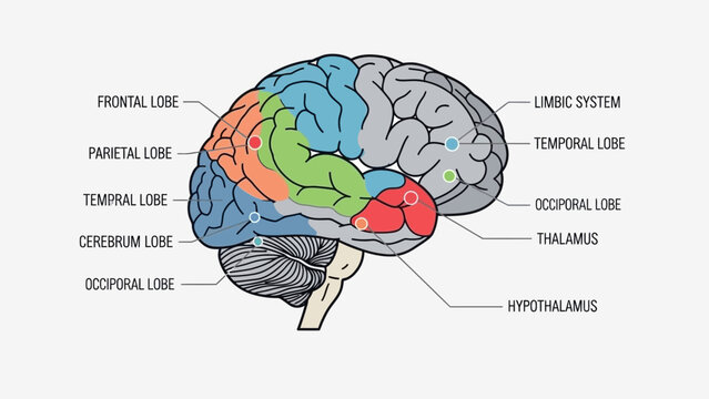 Detailed diagram illustrating the major anatomical regions and functional structures within the human brain including cerebrum lobes and key deep areas