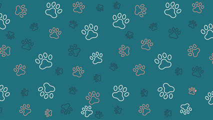 Seamless pattern with white and peach paw prints on dark teal background. Elegant animal footprint vector for pet boutique, veterinary clinic branding, and modern textile design © rochmuch