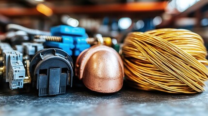 Close-up of various metal and plastic components