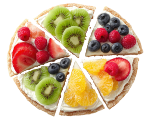 Cut fruit pizza slices display various colorful toppings on light crust