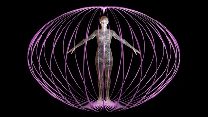 Energy field surrounding human body. 
EMF field around human being.
Human biomagnetic biofield. 
3d render illustration art concept.