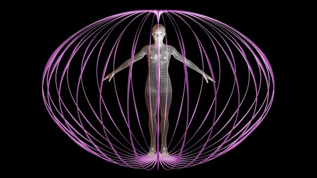 Energy field surrounding human body. 
EMF field around human being.
Human biomagnetic biofield. 
3d render illustration art concept.