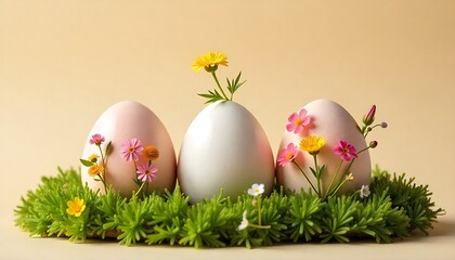 Happy easter eggs on lush mossy landscape with sunlight and floral decor. Happy Easter, created with generative ai