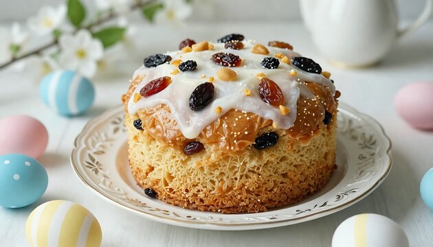 Delicious traditional easter paska cake with dried fruits on a decorative plate. Happy easter dessert, banner, oster for easter celebration, created with generative ai - Powered by Adobe