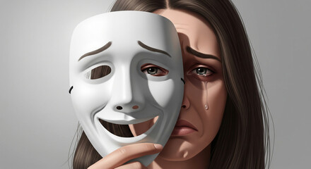 Mental health concept illustration representing people hiding depression behind a happy appearance in social life.