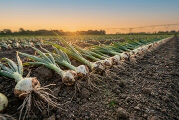 Harvested onions in farm field at sunset, rows of fresh bulbs on soil, rural agriculture harvest, organic food production concept
