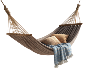 Hammock with soft cushions and blue blanket hangs against a dark background
