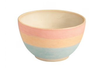 Ceramic bowl showing pastel stripes of pink, orange, and blue