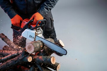 Chainsaw cutting firewood logs outdoors in winter, close-up of worker hands in safety gloves, timber sawing for home heating fuel, rugged forestry labor
