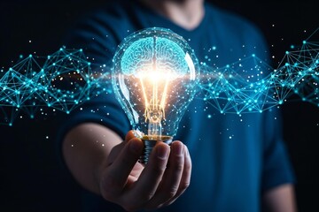 Innovative mind with glowing light bulb and brain network