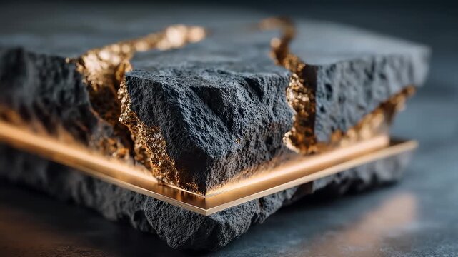Glowing gold veins flowing on textured black stone base
