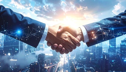Two professionals in business attire shake hands against a cityscape backdrop, symbolizing agreement and collaboration