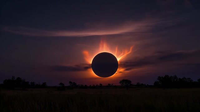 Spectacular total solar eclipse over a rural landscape with vibrant colors showcasing nature