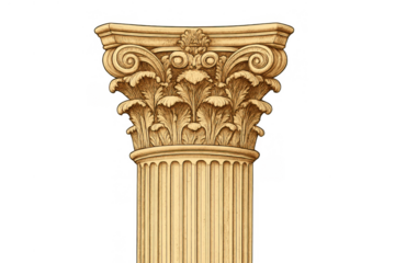 Corinthian column capital design with acanthus leaves, classical architectural ornament, fluted pillar element on transparent background
