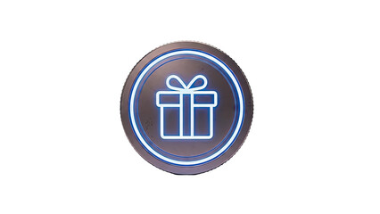 Obraz premium Blue Neon Gift Box Icon on Circular Metal Badge