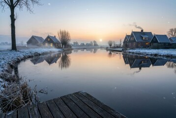 Winter canal with village houses at sunrise, calm water reflection, snowy banks and wooden dock, serene rural landscape, cold morning atmosphere
