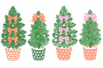 Four potted christmas trees adorned with colorful bows in a row