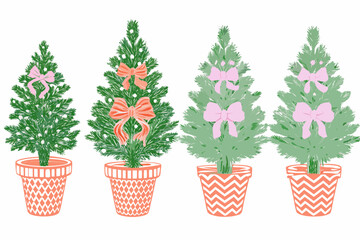Four potted christmas trees with bows a festive and decorative illustration