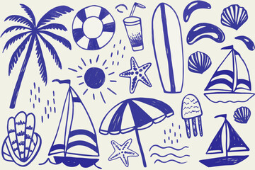 A charming hand drawn illustration depicting various summer and beach themed elements