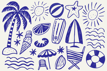 A collection of hand drawn summer elements beach sun and tropical icons
