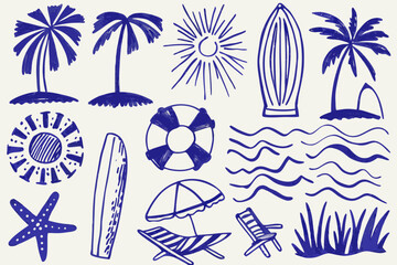 Blue summer elements illustration palm trees sun surfboard and beach accessories