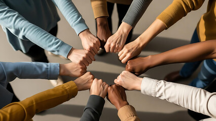 Diverse Team Joining Hands in Circle Showing Unity, Support and Teamwork