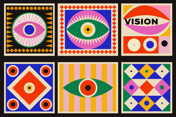 A colorful geometric composition featuring stylized eyes and abstract patterns