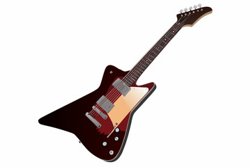A detailed illustration of a maroon explorer style electric guitar on white