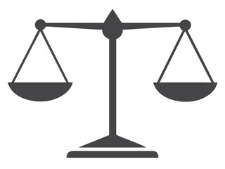 A simple illustration of a grey justice scale against a black background