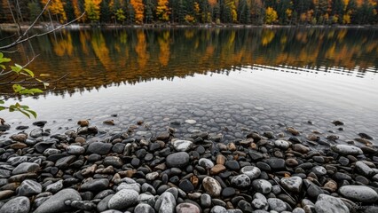 Pebble shoreline at calm lake with autumn reflections, smooth stones in foreground, rippled water, forest mirror image, serene nature landscape
