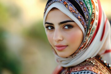 Young beautiful Iranian woman wearing colourful hijab. Arabic Muslim lady in traditional clothes