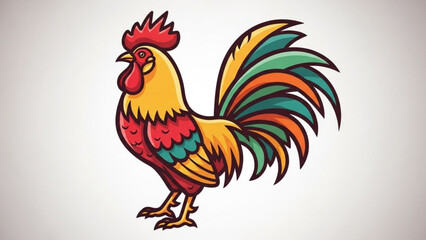 Fototapeta premium A colorful cartoon rooster with vibrant red, yellow, green, and orange feathers stands proudly against a plain white background in this fun and playful illustration.