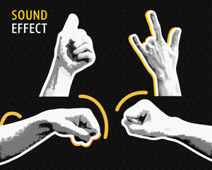 Hands forming sound effect gestures with graphic elements and bold typography