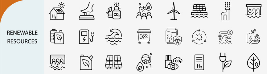 renewable energy resources and green technology icons, thin line vector set © rayzign