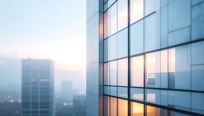 Modern Glass Skyscraper Facade Reflecting Sunset Light.
