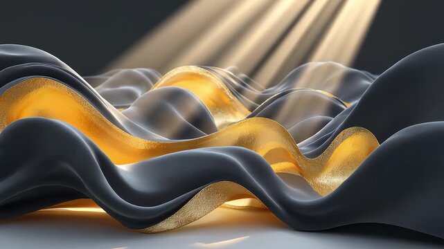 Abstract Black Silk and Golden Fluid Waves Motion Background