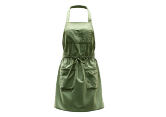 Olive apron, gathered waist with drawstrings and pockets