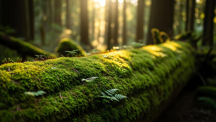 Golden Sunlight on Moss Covered Tree Log in Lush Green Forest