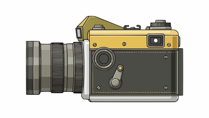 Vintage analog camera with lens and viewfinder.