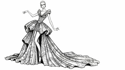 Elegant Fashion Illustration of a Woman in a Dramatic Gown.