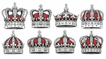 Collection of ornate royal crowns in a sketch style illustration.
