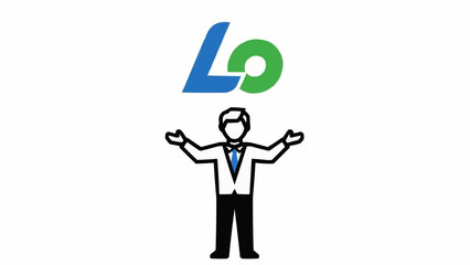 Man in suit with open arms presenting logo above his head.