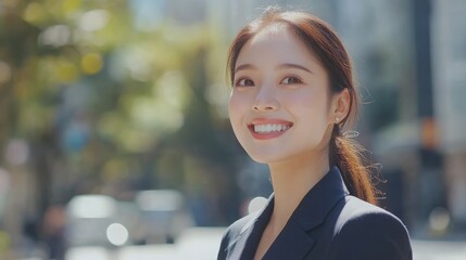 Young beautiful smiling model looking Asian businesswoman in blue suit in the street of a big city. Urban luxury business fashion concept
