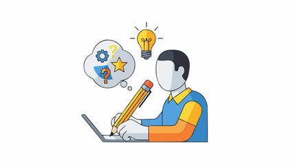 Person writing on laptop with idea lightbulb and thought bubble.