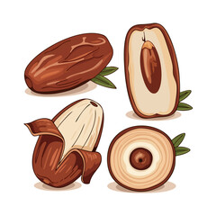 Fototapeta premium Vector illustration of date fruits presented in different states: whole, sliced to show the pit, and cross-section, accented with green leaves for food and nutrition concepts.