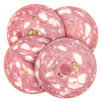 Slices of gourmet kazy horse sausage, a specialty of kazakhstan, arranged for serving and isolated on a pure white background
